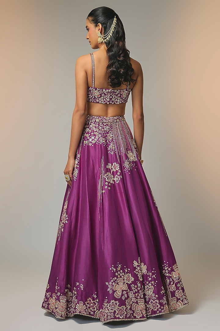 Aubergine Mulberry Silk Zardosi Handcrafted Bridal Lehenga Set by OSAA By Adarsh at Pernia's Pop Up Shop
