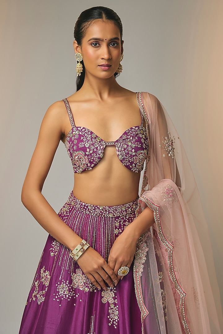 Aubergine Mulberry Silk Zardosi Handcrafted Bridal Lehenga Set by OSAA By Adarsh at Pernia's Pop Up Shop