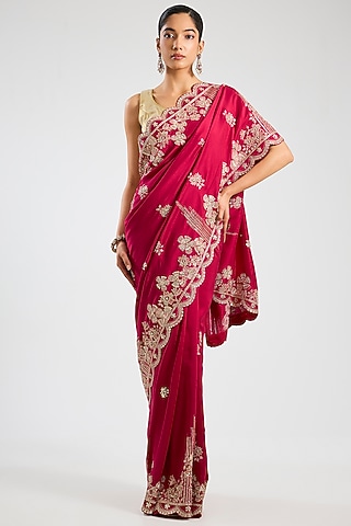 Cut Ruby Organza Embroidered Saree Set by OSAA By Adarsh