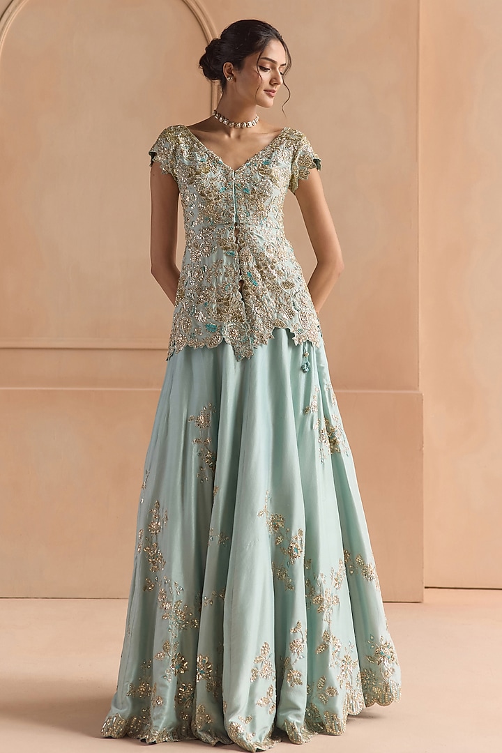 Teal Mulberry Silk Zardosi Embroidered Jacket Bridal Lehenga Set by OSAA By Adarsh at Pernia's Pop Up Shop
