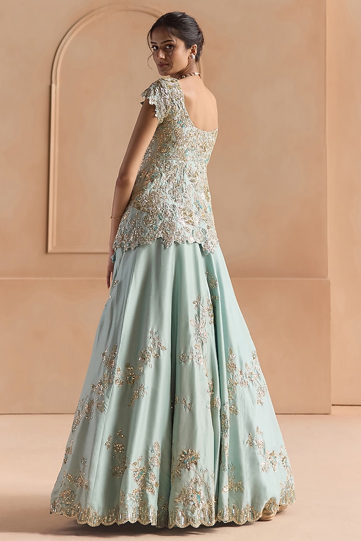 Teal Mulberry Silk Zardosi Embroidered Jacket Bridal Lehenga Set by OSAA By Adarsh at Pernia's Pop Up Shop