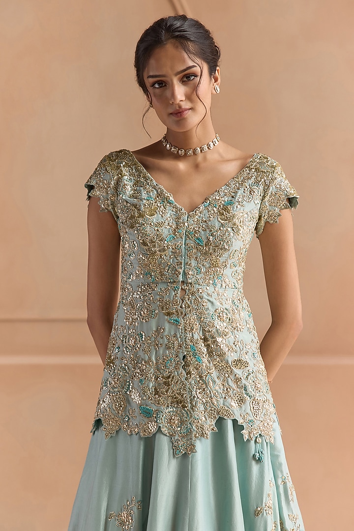 Teal Mulberry Silk Zardosi Embroidered Jacket Bridal Lehenga Set by OSAA By Adarsh at Pernia's Pop Up Shop