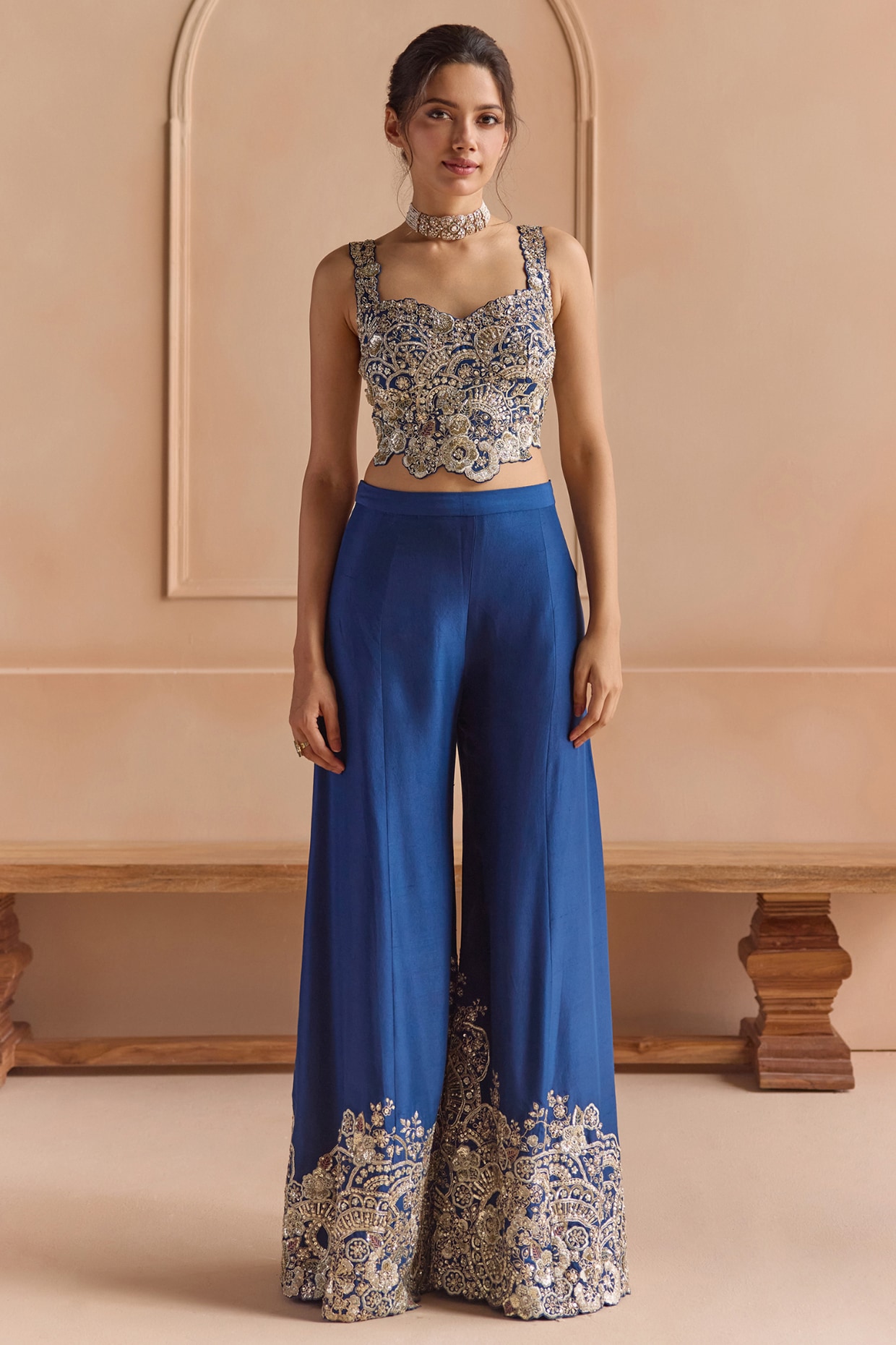 Osaa By Adarsh French Navy Blue Mulberry Silk Aari Embroidered Gharara Set