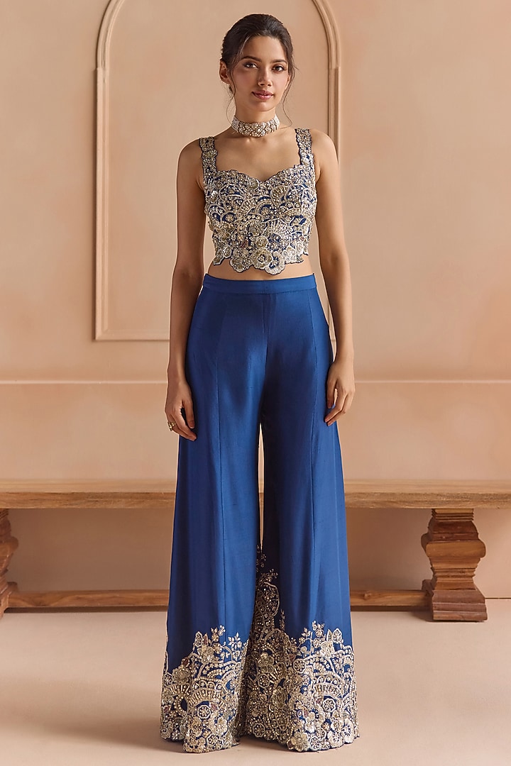 French Navy Blue Mulberry Silk Aari Embroidered Gharara Set by Osaa By Adarsh at Pernia's Pop Up Shop