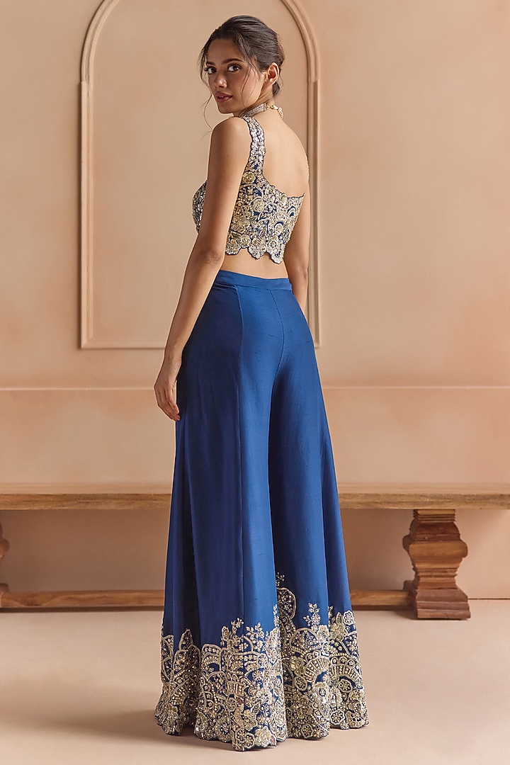 French Navy Blue Mulberry Silk Aari Embroidered Gharara Set by Osaa By Adarsh at Pernia's Pop Up Shop