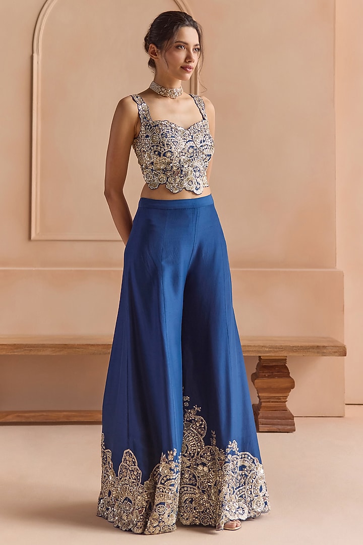 French Navy Blue Mulberry Silk Aari Embroidered Gharara Set by Osaa By Adarsh at Pernia's Pop Up Shop