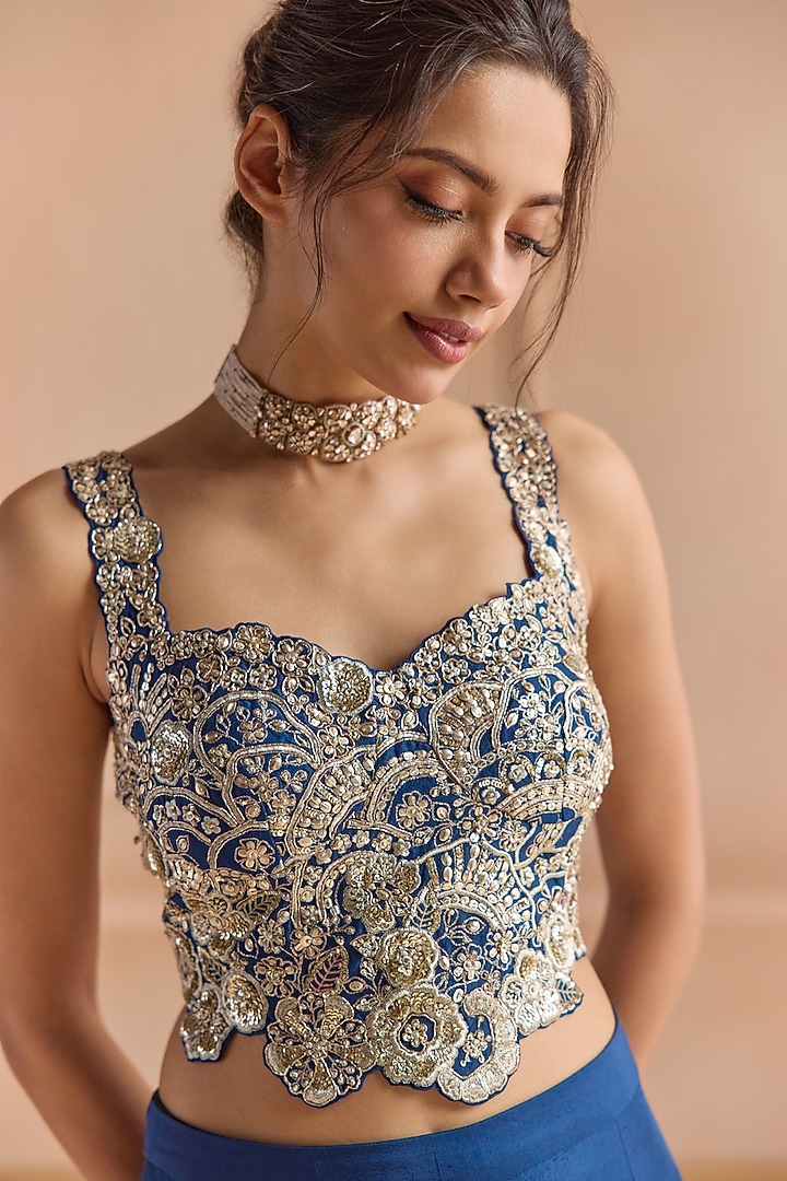 French Navy Blue Mulberry Silk Aari Embroidered Gharara Set by Osaa By Adarsh at Pernia's Pop Up Shop