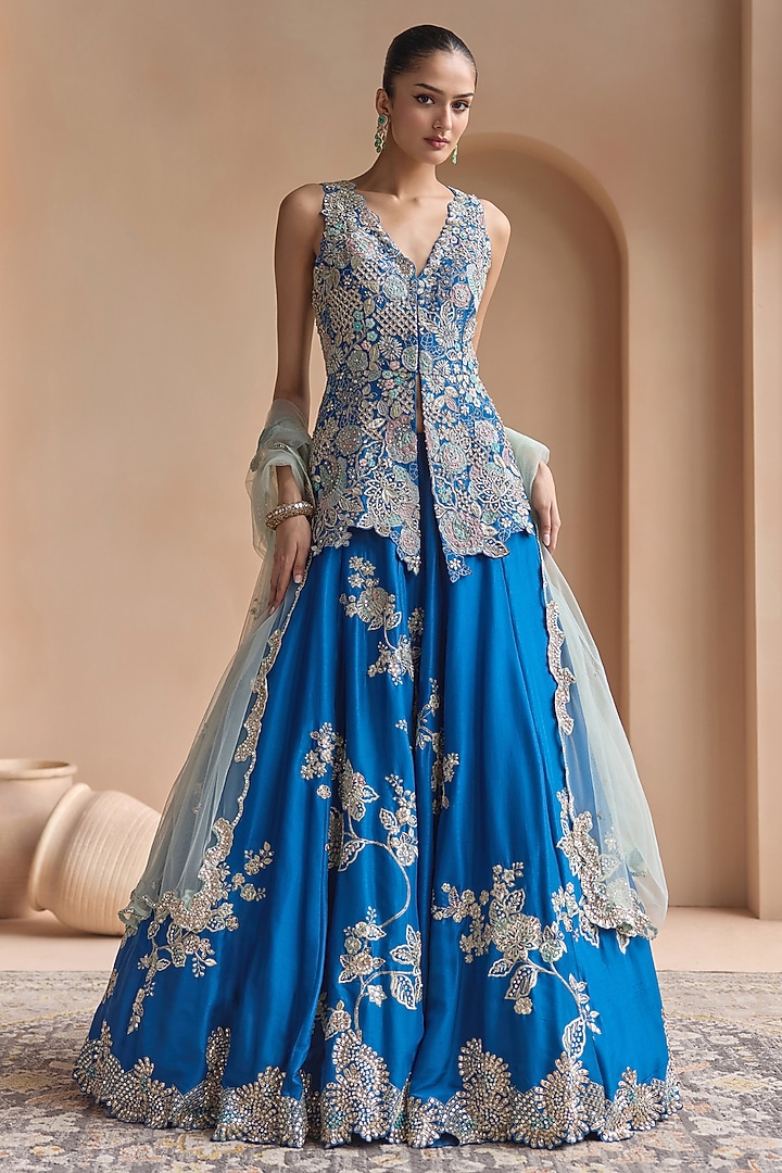 Jade Blue Mulberry Silk Aari Embroidered Bridal Lehenga Set by OSAA By Adarsh at Pernia's Pop Up Shop