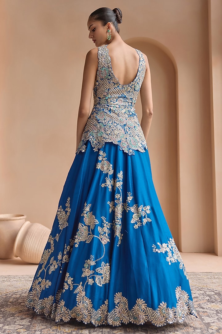 Jade Blue Mulberry Silk Aari Embroidered Bridal Lehenga Set by OSAA By Adarsh at Pernia's Pop Up Shop