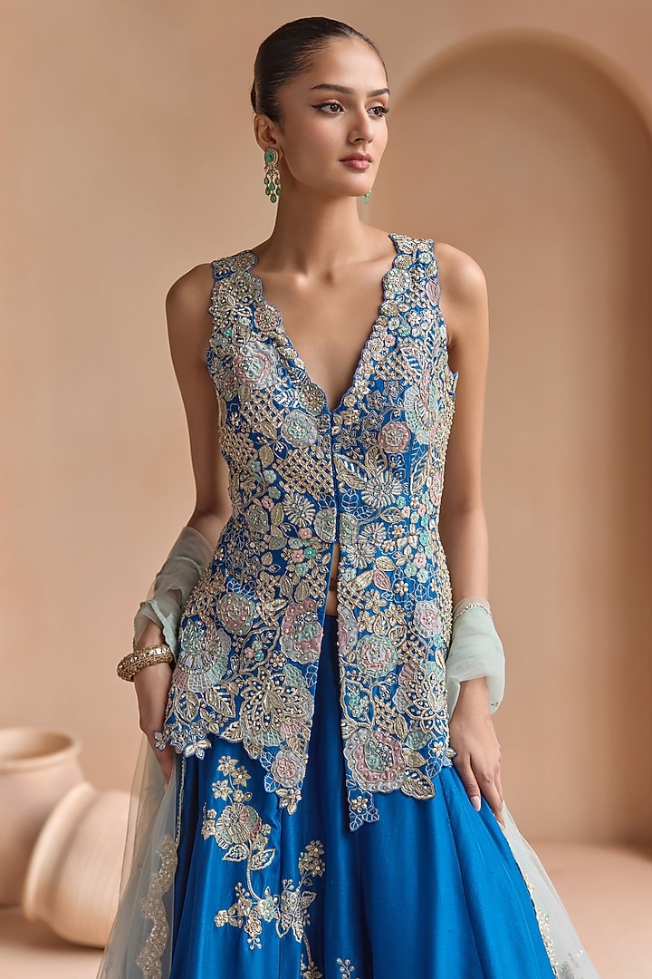 Jade Blue Mulberry Silk Aari Embroidered Bridal Lehenga Set by OSAA By Adarsh at Pernia's Pop Up Shop