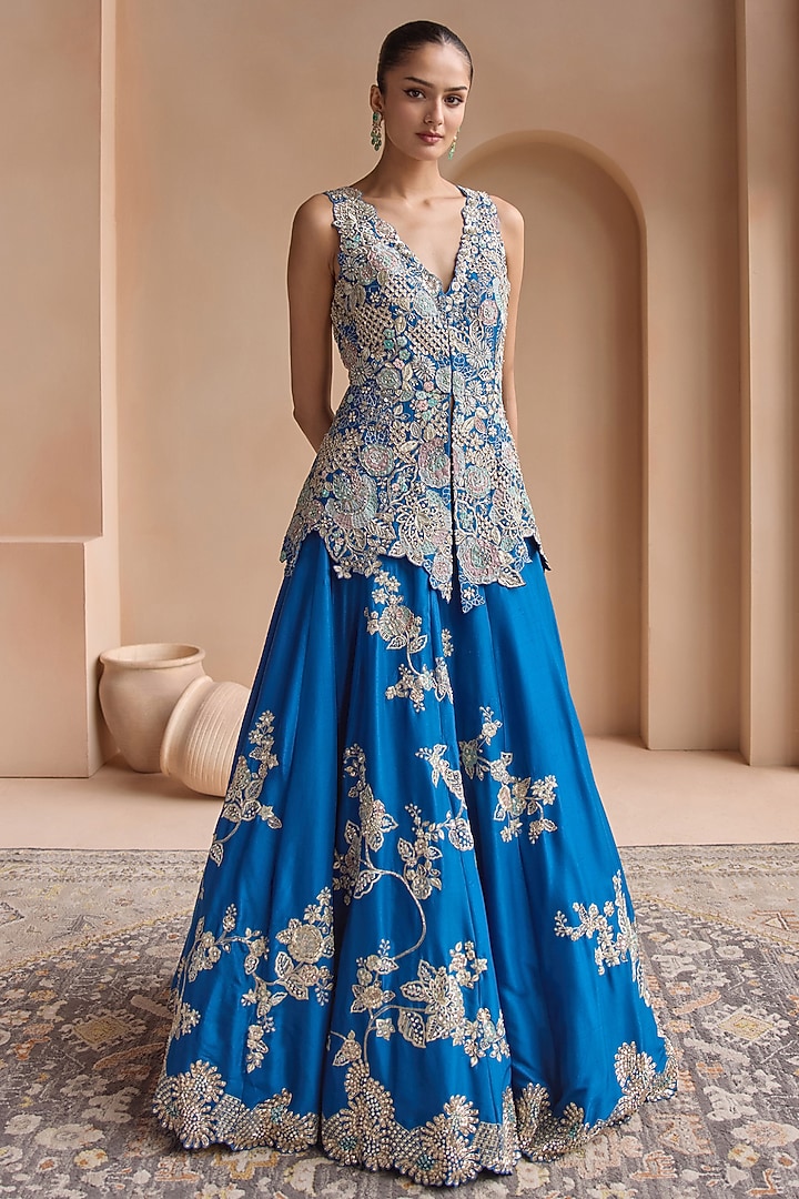 Jade Blue Mulberry Silk Aari Embroidered Bridal Lehenga Set by OSAA By Adarsh at Pernia's Pop Up Shop