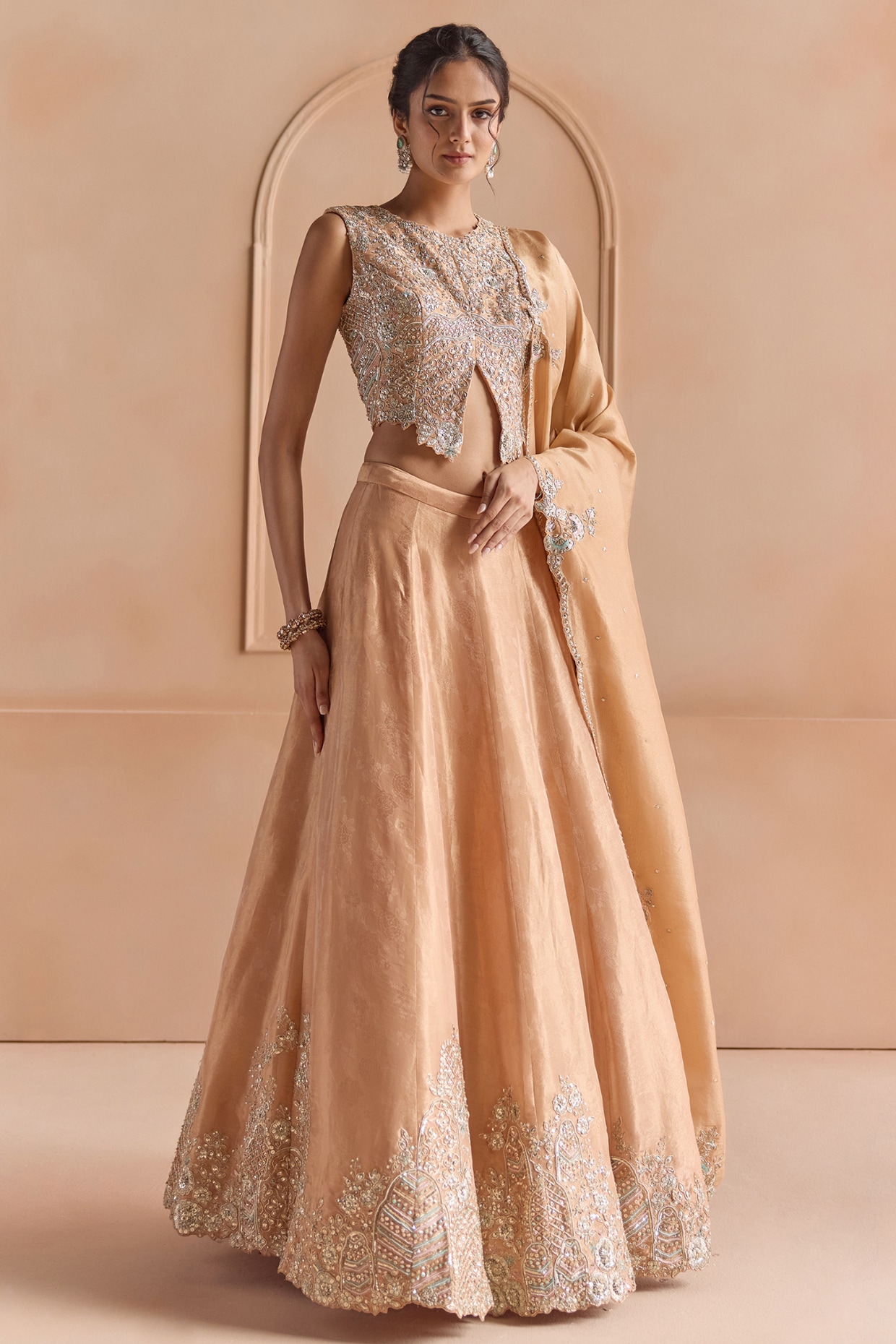 OSAA By Adarsh Gold Tissue Aari Embroidered Lehenga Set
