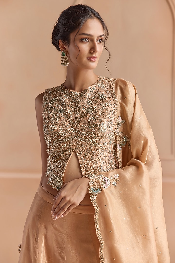 Gold Tissue Aari Embroidered Bridal Lehenga Set by OSAA By Adarsh at Pernia's Pop Up Shop