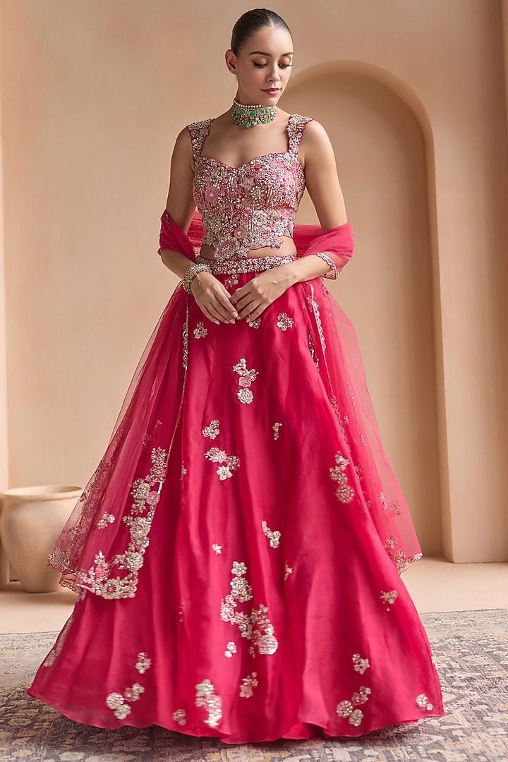 Ruby Organza Zardosi Embroidered Wedding Lehenga Set by OSAA By Adarsh at Pernia's Pop Up Shop