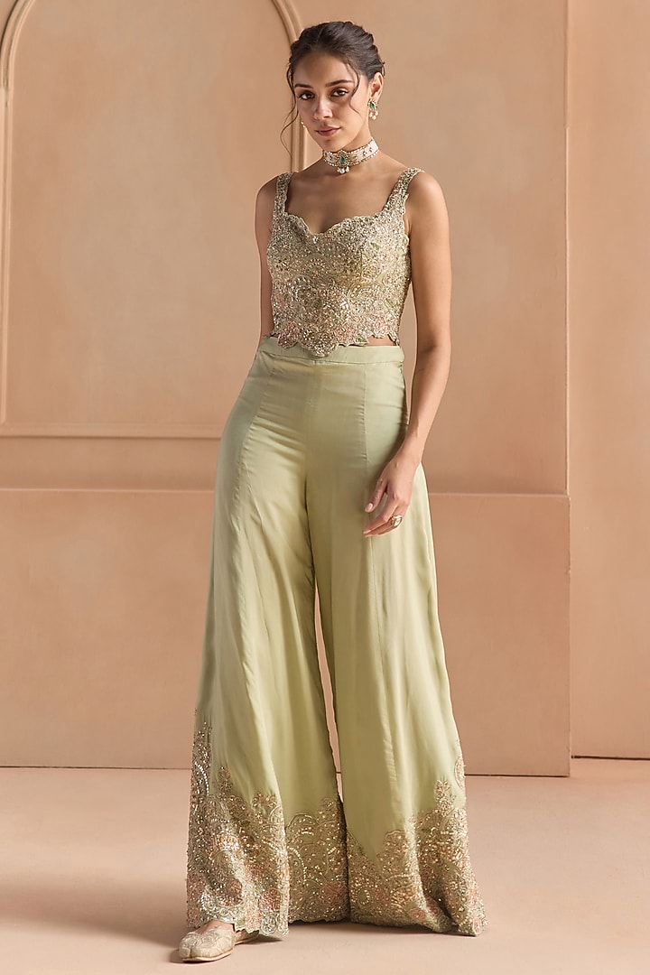 Sage Green Satin Silk Flared Gharara Set by OSAA By Adarsh at Pernia's Pop Up Shop