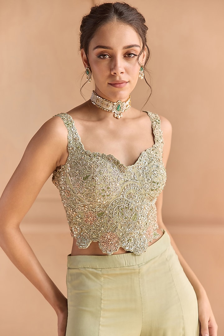 Sage Green Satin Silk Flared Gharara Set by OSAA By Adarsh at Pernia's Pop Up Shop