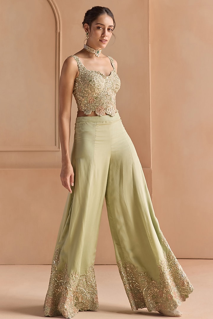 Sage Green Satin Silk Flared Gharara Set by OSAA By Adarsh at Pernia's Pop Up Shop