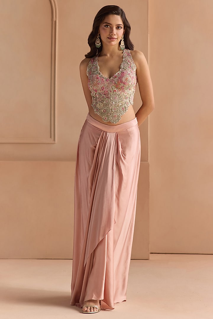 Skin Rose Tissue Silk Aari Embroidered Skirt Set by Osaa By Adarsh at Pernia's Pop Up Shop