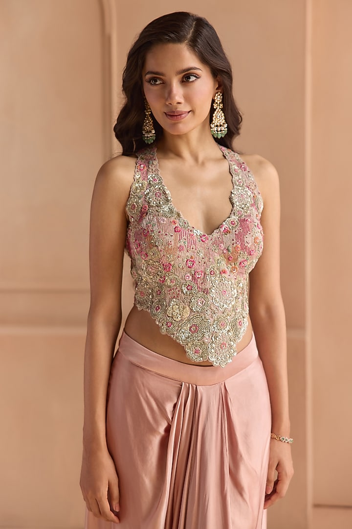 Skin Rose Tissue Silk Aari Embroidered Skirt Set by Osaa By Adarsh at Pernia's Pop Up Shop