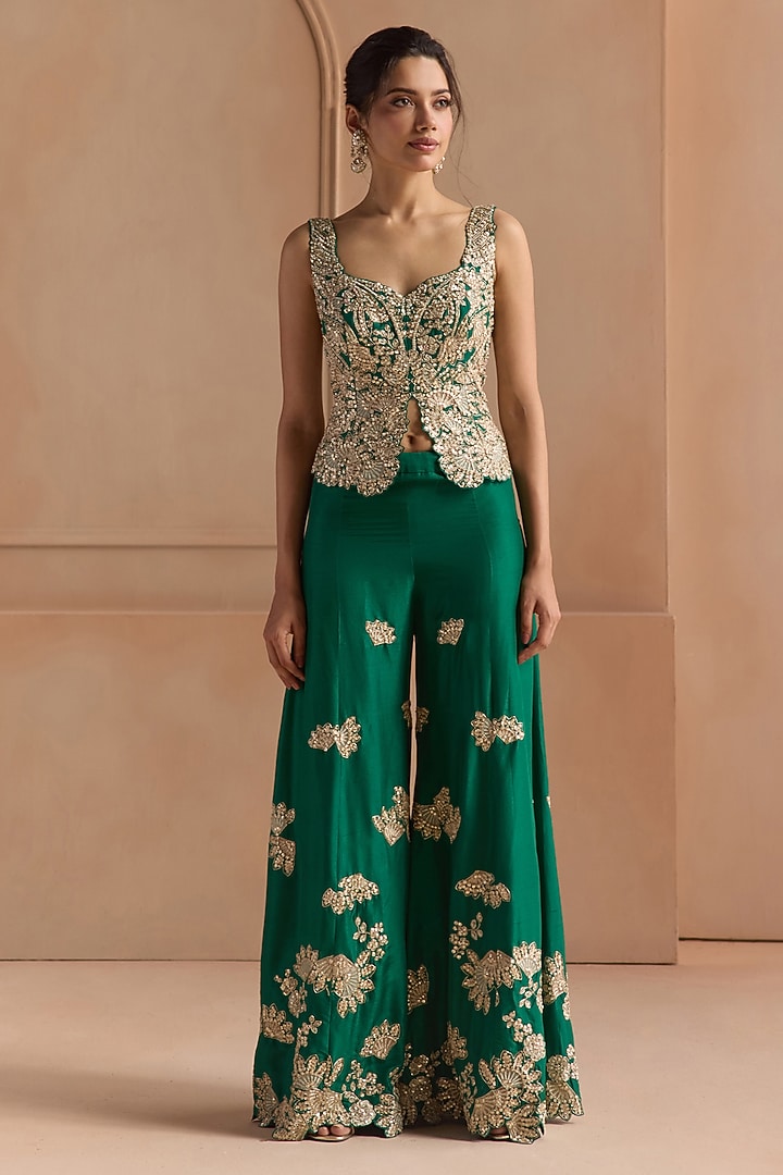 Jewel Green Mulberry Silk Aari Embroidered Gharara Set by Osaa By Adarsh at Pernia's Pop Up Shop