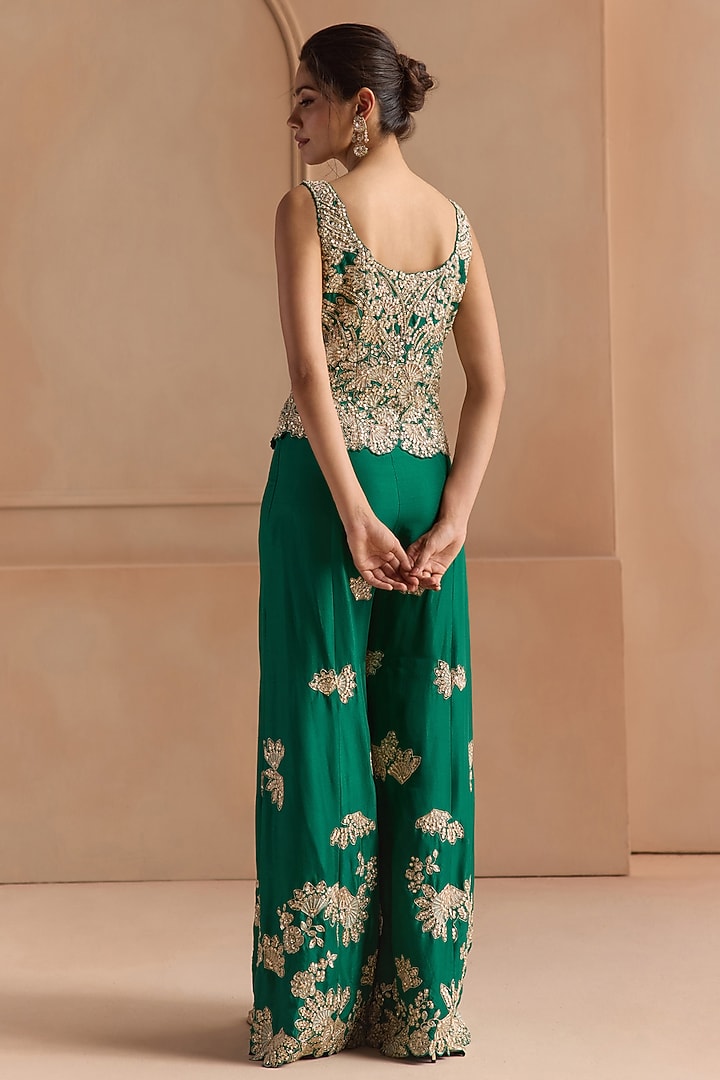 Jewel Green Mulberry Silk Aari Embroidered Gharara Set by Osaa By Adarsh at Pernia's Pop Up Shop