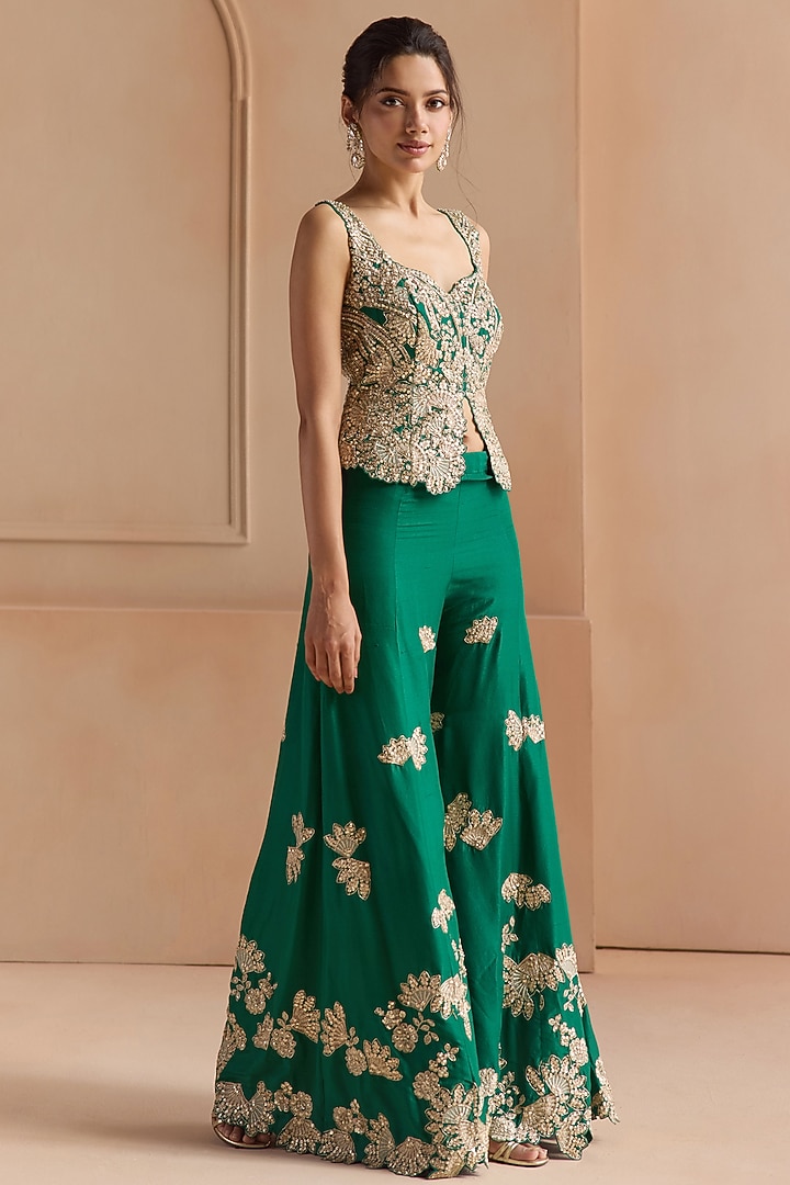 Jewel Green Mulberry Silk Aari Embroidered Gharara Set by Osaa By Adarsh at Pernia's Pop Up Shop