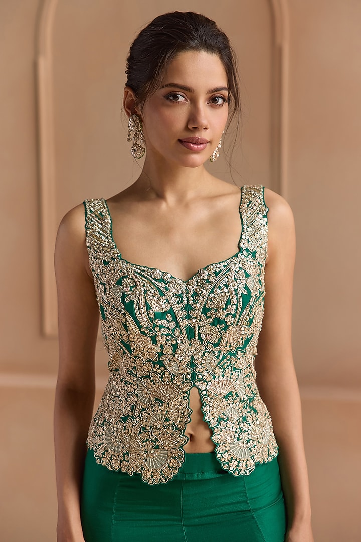 Jewel Green Mulberry Silk Aari Embroidered Gharara Set by Osaa By Adarsh at Pernia's Pop Up Shop