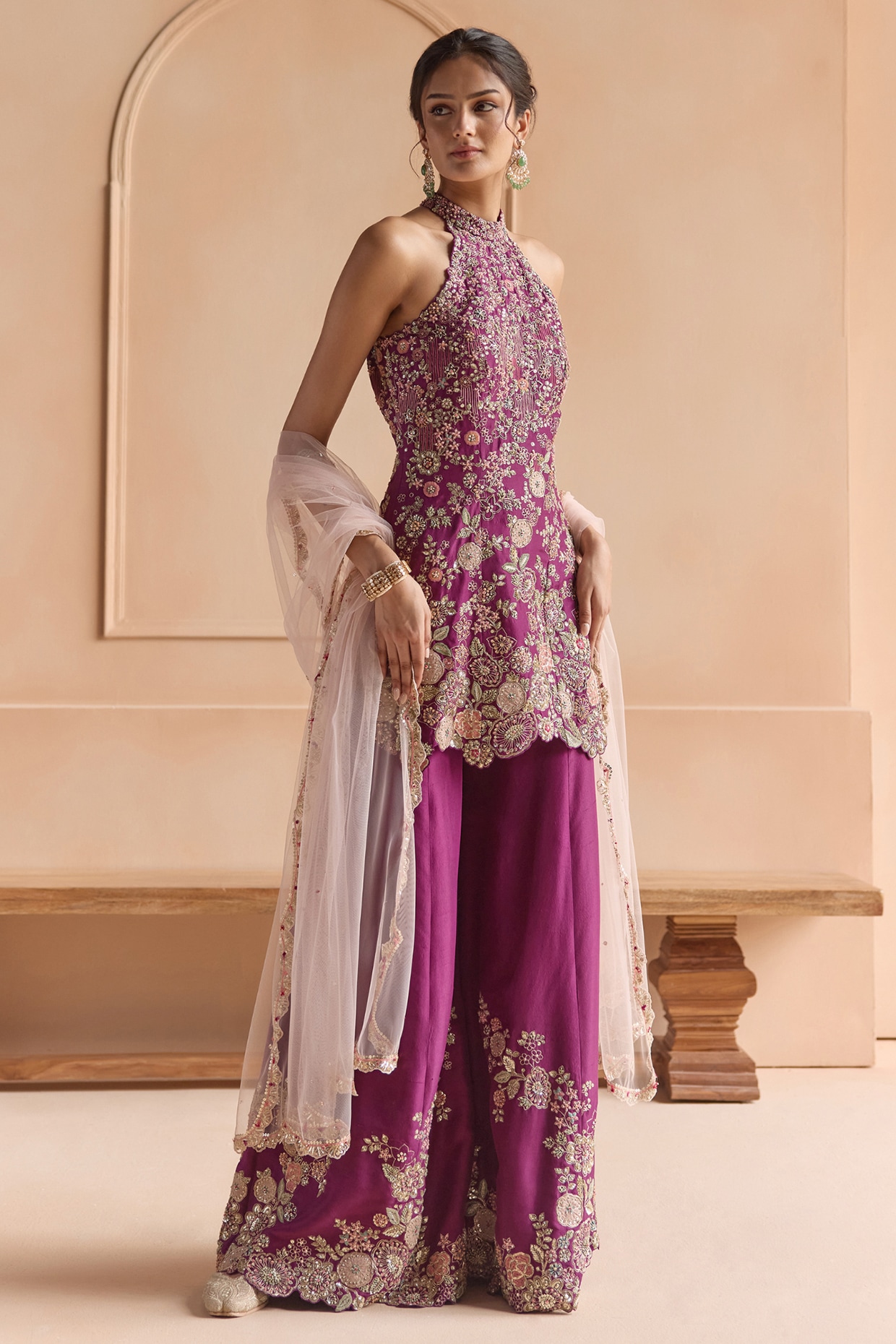 OSAA By Adarsh Aubergine Mulberry Silk Aari Embellished Sharara Set
