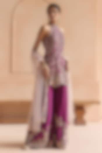 Aubergine Mulberry Silk Aari Embellished Bridal Sharara Set by OSAA By Adarsh at Pernia's Pop Up Shop