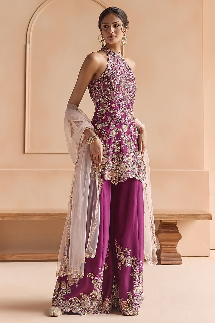 Aubergine Mulberry Silk Aari Embellished Bridal Sharara Set by OSAA By Adarsh at Pernia's Pop Up Shop