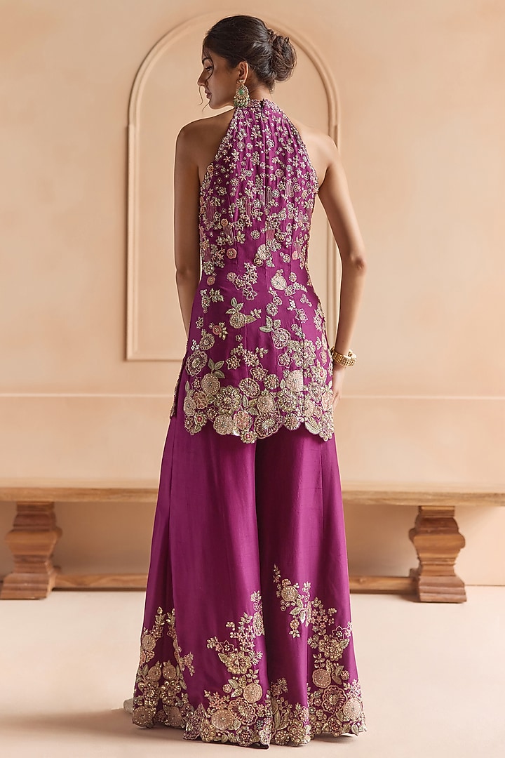 Aubergine Mulberry Silk Aari Embellished Bridal Sharara Set by OSAA By Adarsh at Pernia's Pop Up Shop