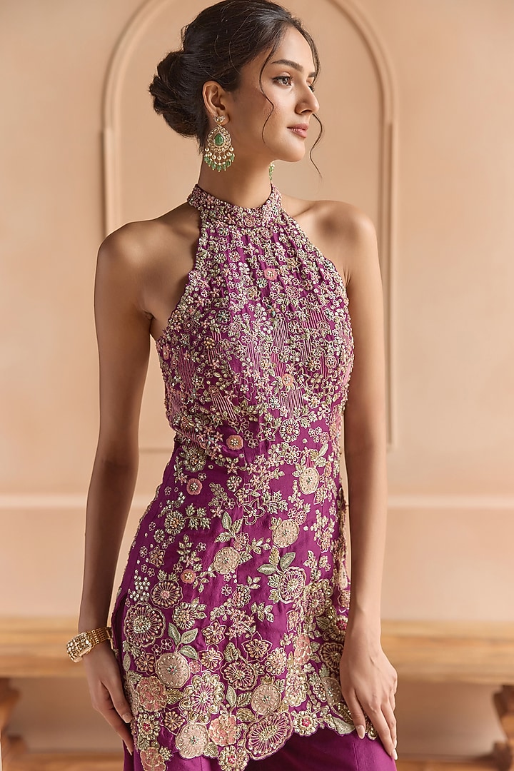 Aubergine Mulberry Silk Aari Embellished Bridal Sharara Set by OSAA By Adarsh at Pernia's Pop Up Shop