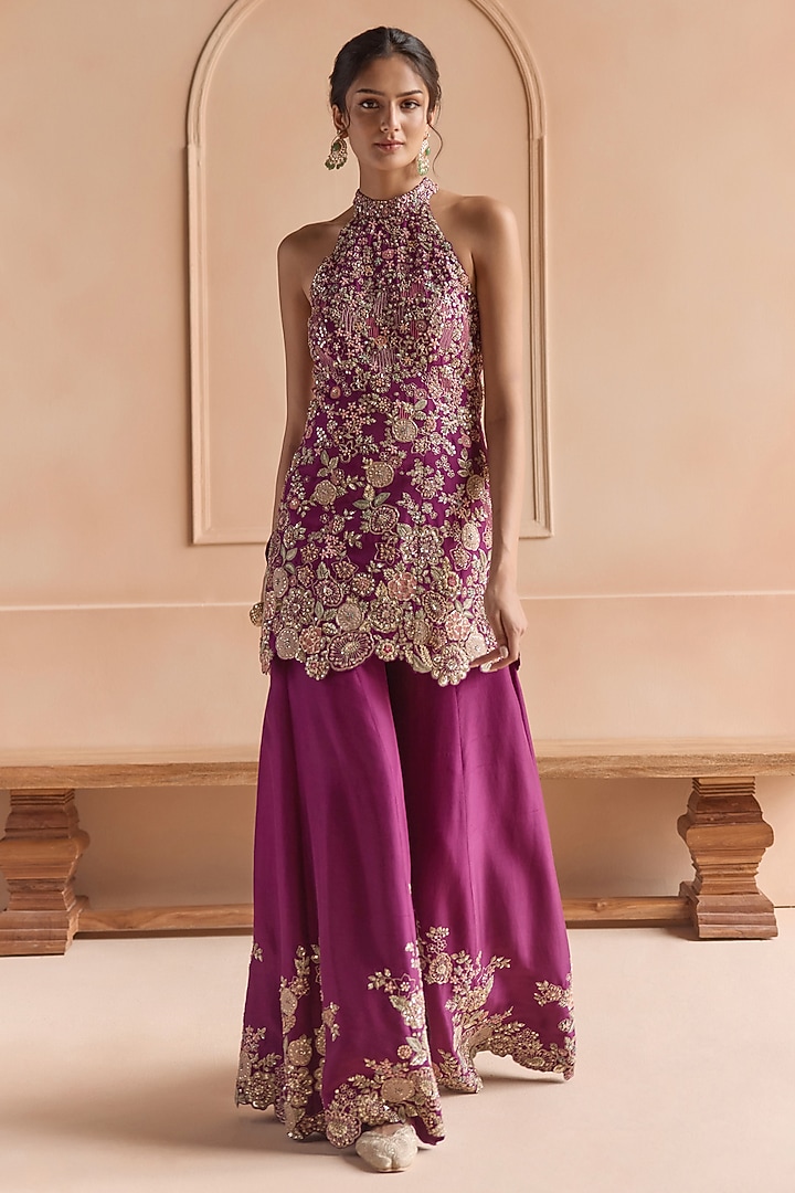 Aubergine Mulberry Silk Aari Embellished Bridal Sharara Set by OSAA By Adarsh at Pernia's Pop Up Shop