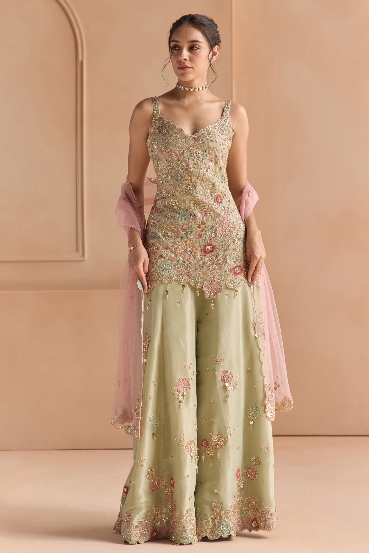 OSAA By Adarsh Sage Tissue Silk Zardosi Embellished Sharara Set
