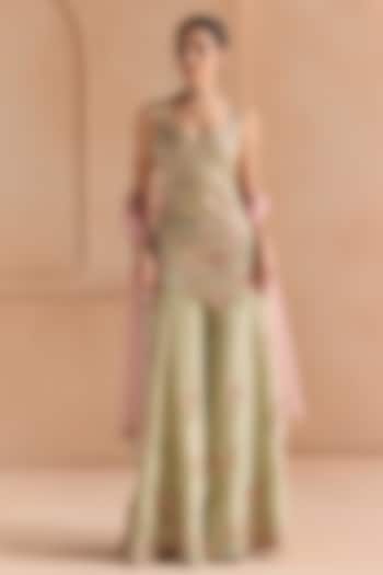 Sage Tissue Silk Zardosi Embellished Bridal Sharara Set by OSAA By Adarsh at Pernia's Pop Up Shop