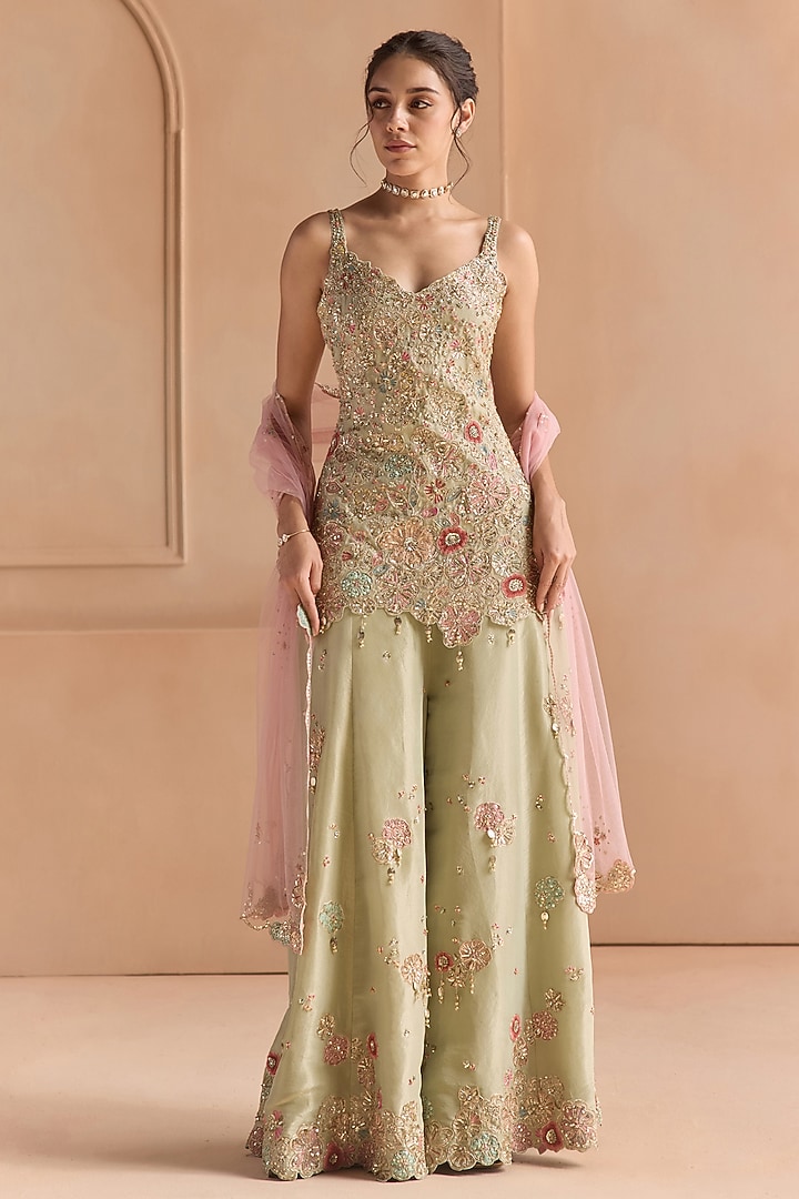 Sage Tissue Silk Zardosi Embellished Bridal Sharara Set by OSAA By Adarsh at Pernia's Pop Up Shop
