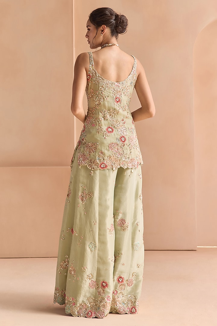 Sage Tissue Silk Zardosi Embellished Bridal Sharara Set by OSAA By Adarsh at Pernia's Pop Up Shop