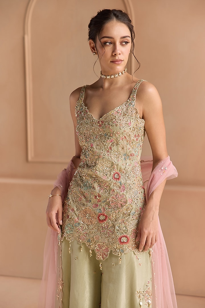 Sage Tissue Silk Zardosi Embellished Bridal Sharara Set by OSAA By Adarsh at Pernia's Pop Up Shop