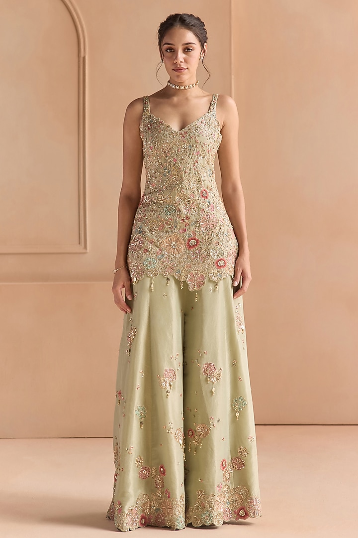 Sage Tissue Silk Zardosi Embellished Bridal Sharara Set by OSAA By Adarsh at Pernia's Pop Up Shop