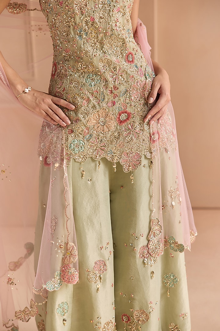 Sage Tissue Silk Zardosi Embellished Bridal Sharara Set by OSAA By Adarsh at Pernia's Pop Up Shop