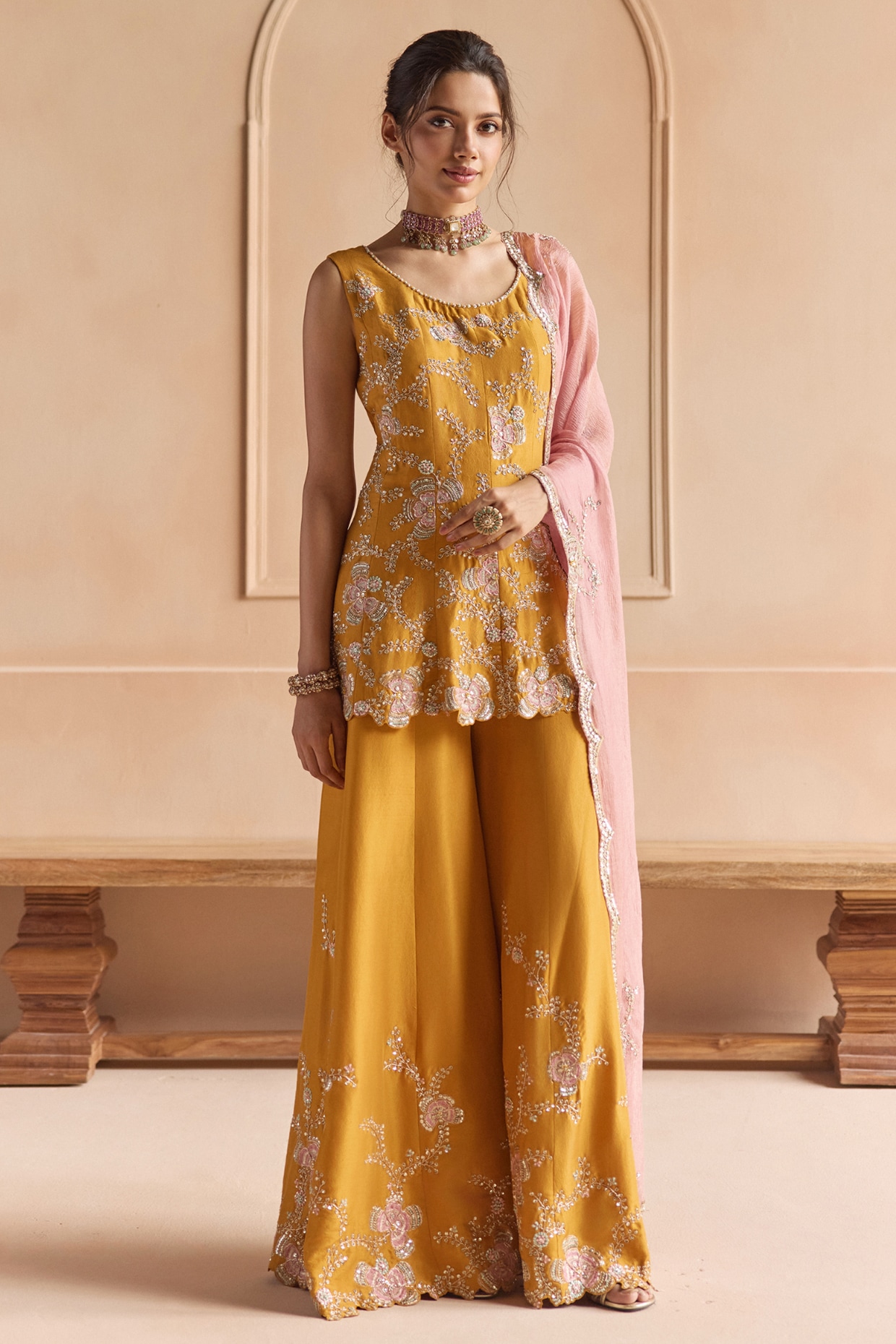OSAA By Adarsh Marigold Mulberry Silk Zardosi Embellished Sharara Set