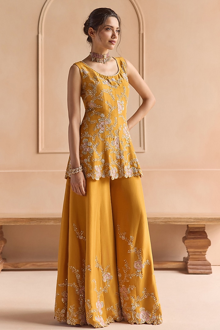 Marigold Mulberry Silk Zardosi Embellished Bridal Sharara Set by OSAA By Adarsh at Pernia's Pop Up Shop