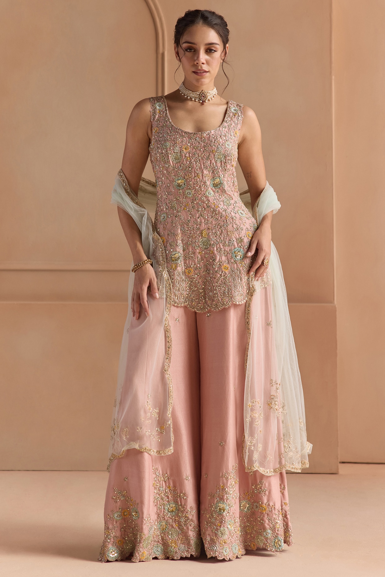 OSAA By Adarsh Oyster Pink Mulberry Silk Aari Embroidered Sharara Set