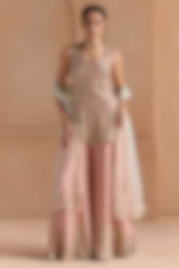 Oyster Pink Mulberry Silk Aari Embroidered Bridal Sharara Set by OSAA By Adarsh at Pernia's Pop Up Shop