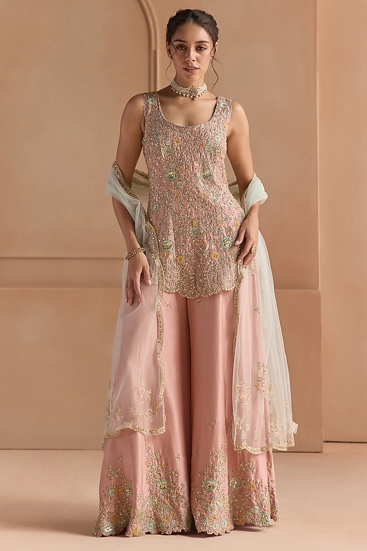 Oyster Pink Mulberry Silk Aari Embroidered Bridal Sharara Set by OSAA By Adarsh at Pernia's Pop Up Shop