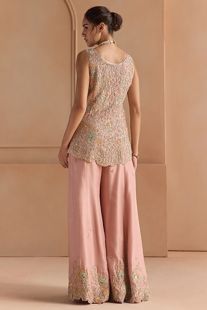 Oyster Pink Mulberry Silk Aari Embroidered Bridal Sharara Set by OSAA By Adarsh at Pernia's Pop Up Shop