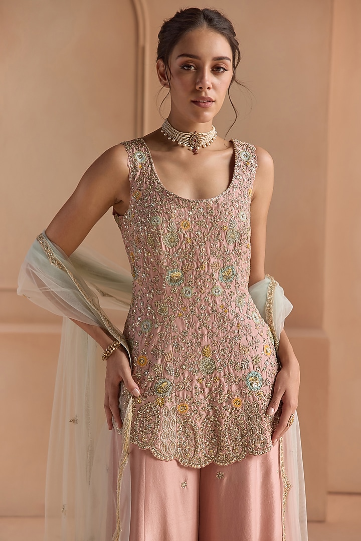 Oyster Pink Mulberry Silk Aari Embroidered Bridal Sharara Set by OSAA By Adarsh at Pernia's Pop Up Shop