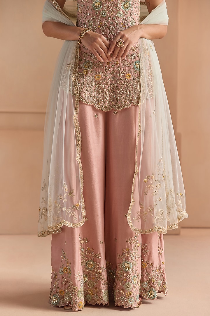 Oyster Pink Mulberry Silk Aari Embroidered Bridal Sharara Set by OSAA By Adarsh at Pernia's Pop Up Shop