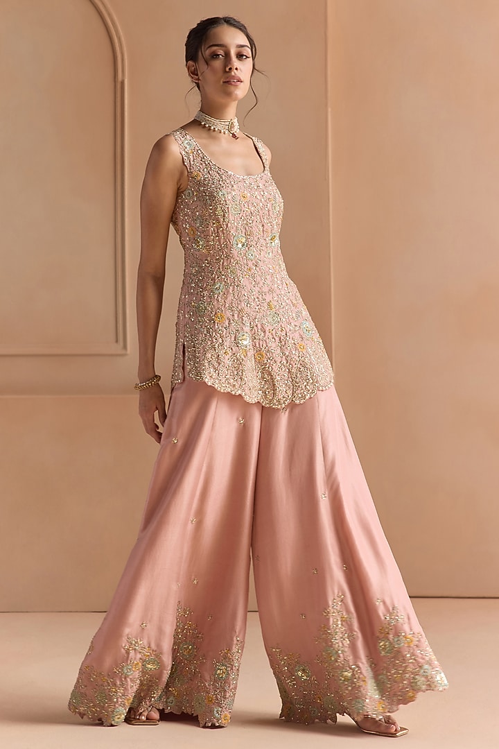 Oyster Pink Mulberry Silk Aari Embroidered Bridal Sharara Set by OSAA By Adarsh at Pernia's Pop Up Shop