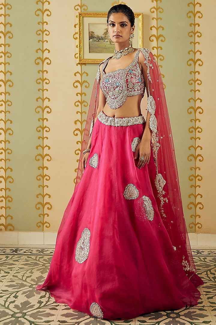 Scarlet Organza Embroidered Wedding Lehenga Set by OSAA By Adarsh at Pernia's Pop Up Shop